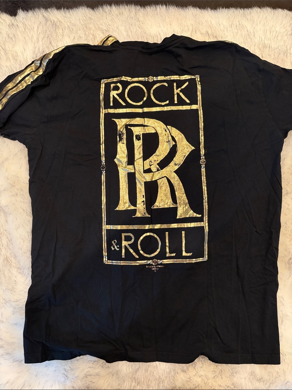 Men's Black V-Neck T-Shirt with Gold Rock & Roll Graphic - Picture 2 of 2